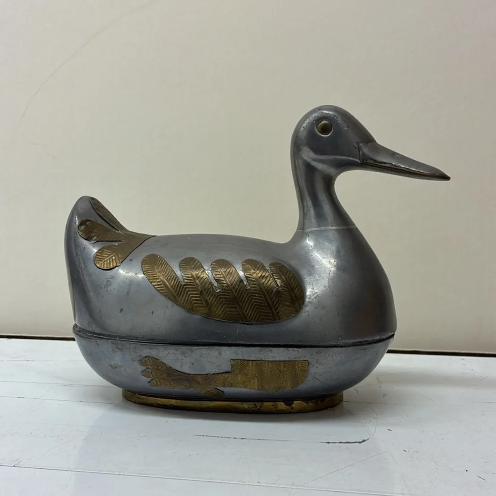 MCM Duck Decoy Keepsake Box  Chinese  pewter & brass duck trinket box lidded